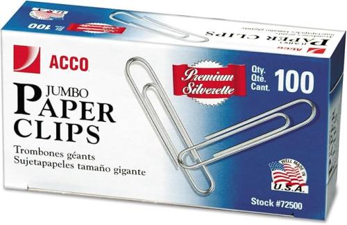 Acco 72500 Premium Jumbo Paper Clips, Smooth, 100/Box, Silver, 1 BOX