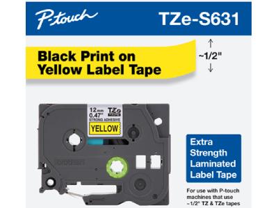 Brother TZE P-Touch Label Tape, Black Print on Yellow Strong Adhesive Laminated Label Tape, Chemical resistant, Water resistant, Abrasion resistant, Fade resistant