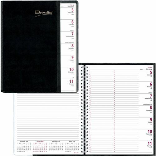 Brownline Pre-Vu Weekly Planner, Transparent Section, English, Black (CB925.BLK) - Weekly - 12 Month - January 2026 to December 2026 - 7:00 AM to 6:00 PM - Hourly - 8 1/2" (215.90 mm) x 11" (279.40 mm) Sheet Size - Twin Wire - Black - Paper - Black Cover