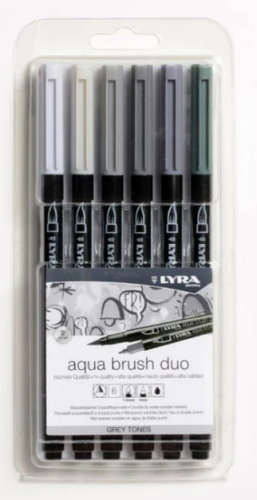 LYRA Aqua Brush Duo, Set, Assorted Grey Tones Water-soluble Marker Pens, 6