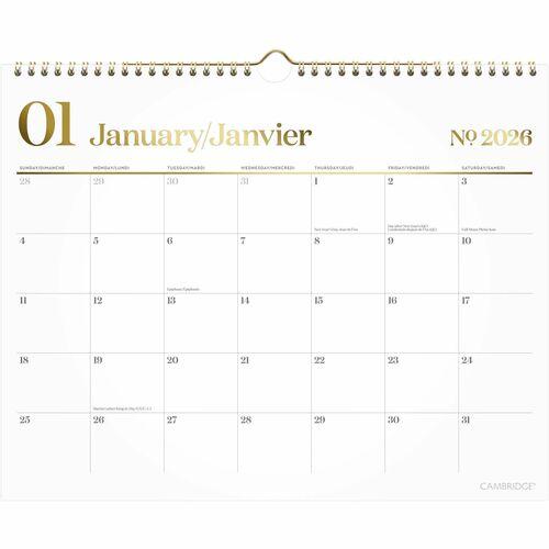 Cambridge 2026 WorkStyle Monthly Wall Calendar - 11-7/8" H x 14-7/8" W - Bilingual - Professional - Monthly - 12 Month - January 2026 to December 2026 - 14 7/8" (377.70 mm) x 11 7/8" (301.50 mm) Sheet Size - 2.81" (71.37 mm) x 2.18" (55.37 mm) Block - Twi