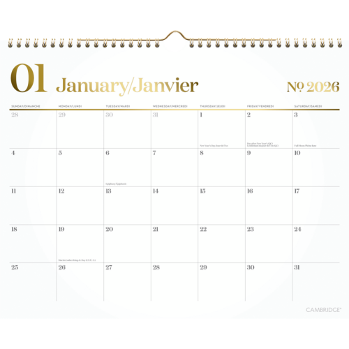 Cambridge WorkStyle Wall Calendar 15" x 12" Bilingual White/Gold - January 2025 - December 2025 - 12" x 15" Sheet Size - Wall Mount