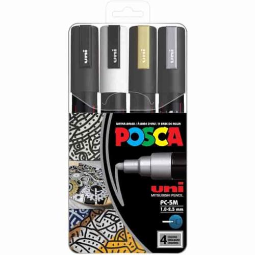 uni-ball POSCA Paint Marker, 1.8 mm Medium Bullet, 2.5 mm Marker Point, Erasable, Washable, Black, White, Gold, Silver Ink, Water Based, 4 / Pack