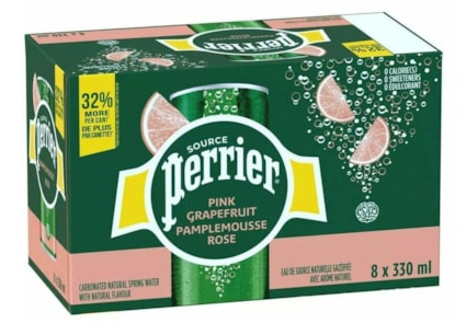 Perrier Flavored Water - Ready-to-Drink - Sugar Free - 330 mL - Pink Grapefruit - 8 / Box