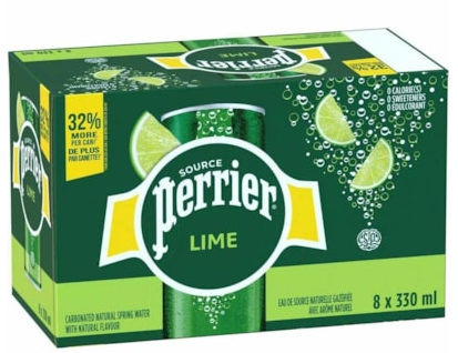 Perrier Natural Spring Water Lime Flavour - Ready-to-Drink - Sugar Free - 330 mL - LimeCan - 8 / Box