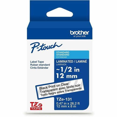 Brother Genuine TZe-131 standard adhesive black on clear laminated tape. Use it with Brother P-touch TZe-compatible label makers. 0.47" (12 mm)