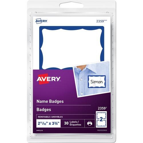 NAME TAGS - AVERY WHITE WITH BLUE BORDER 2-11/32" x 3-3/8" 30/PKG