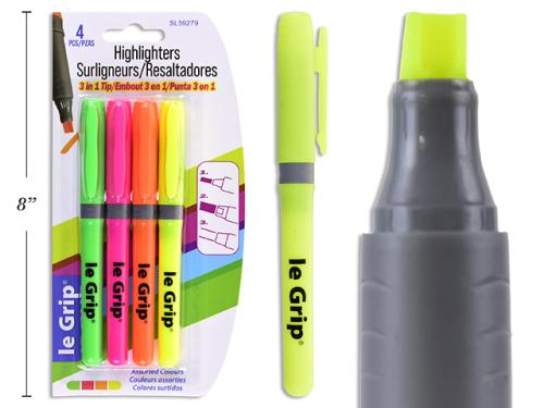 HIGHLIGHTER - 3 IN 1 TIP ASSORTED COLOURS 4/PKG