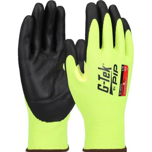 PIP-16-541HV: Hi-Vis Seamless Knit PolyKor® Blended Glove with Foam Nitrile Coated Grip on Palm & Fingers - 21 Gauge - Touchscreen (12/PACK)