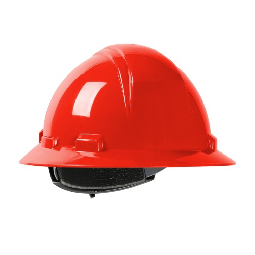 Full Brim Hard Hat with HDPE Shell, 4-Point Textile Suspension and Wheel Ratchet Adjustment- RED