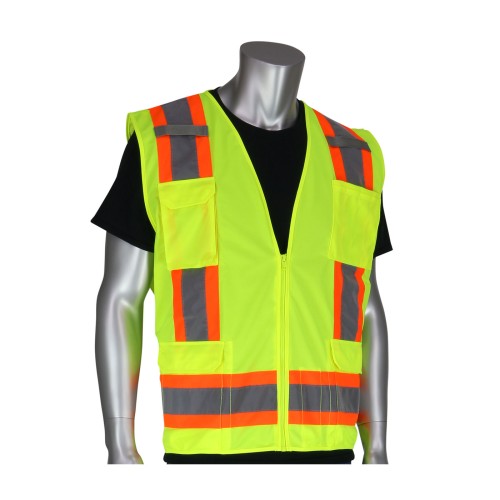 ANSI Type R Class 2 Two-Tone Eleven Pocket Surveyors Vest with Solid Front and Mesh Back, LIME (THOMPSON LOGO), 2XL