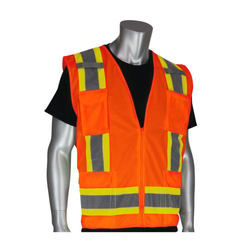 ANSI Type R Class 2 Two-Tone Eleven Pocket Surveyors Vest with Solid Front and Mesh Back - Extra Small