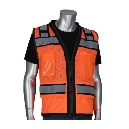 PIP-302-0800D-OR-28220F: ANSI Type R Class 2 Black Two-Tone Eleven Pocket Tech-Ready Mesh Surveyors Vest with "D" Ring Access. NEXGEN CONTRACTING LOGO BLACK ONE COLOR (S-4XL)
