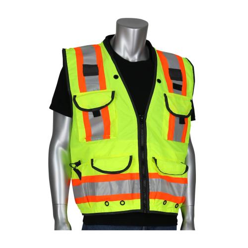 PIP-302-0900-LY-24477A: ANSI Type R Class 2 Two-Tone Fifteen Pocket Tech-Ready Ripstop Surveyors Vest with Mesh