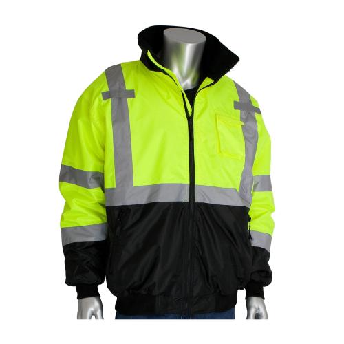 333-1766-LY/L-9764A-1: PIP® ANSI Type R Class 3 Value Black Bottom Bomber Jacket with Zip-Out Fleece Liner, Yellow, Large (Logo ID 9764A-1 BL Harbert)(1/EACH)