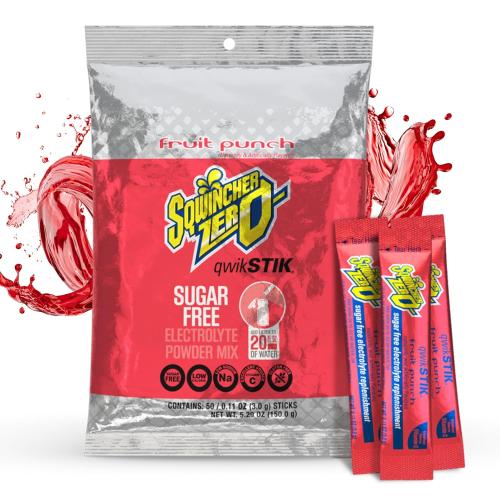 SQWINCHER-159060102-FP-PACK: Sqwincher Zero Qwik Stik, Fruit Punch, Sugar Free, Low Calorie, Low Sodium Electrolyte Powder Hydration Drink Mix, .11 0z Packet (50/PACK)