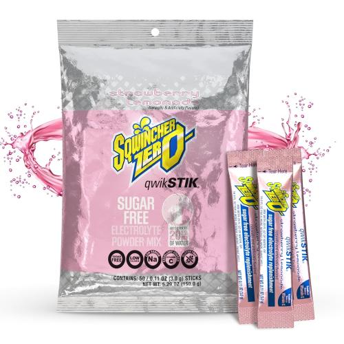 SQWINCHER-159060099-SL-PACK: Sqwincher Zero Qwik Stik, Strawberry Lemonade, Sugar Free, Low Calorie, Low Sodium Electrolyte Powder Hydration Drink Mix, .11 0z Packet (50/PACK)