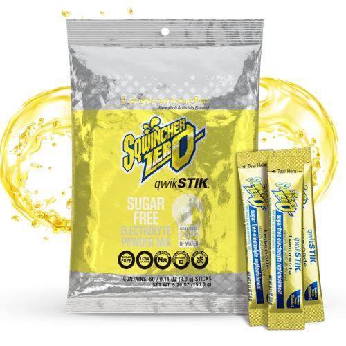 SQWINCHER-159060103-LA-PACK: Sqwincher Zero Qwik Stik, Lemonade, Sugar Free, Low Calorie, Low Sodium Electrolyte Powder Hydration Drink Mix, .11 0z Packet (50/PACK)