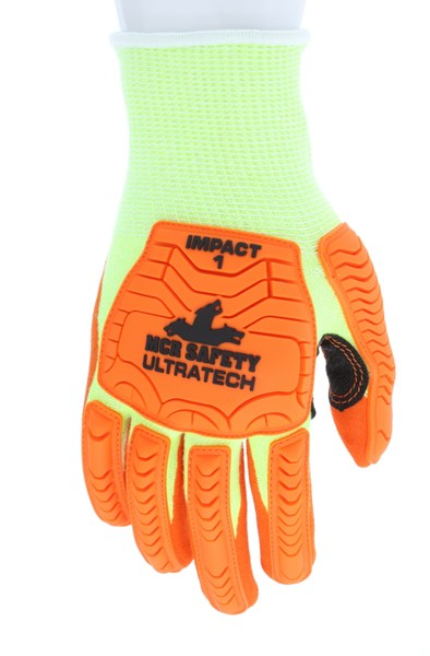 MCR Safety UltraTech® Mechanics Gloves CutPro® UltraTech® 13 Gauge Lime HyperMax™ Shell Orange Sandy Nitrile Foam Palm / Finger Coating TPR Back Protects Hands from Impact- XL