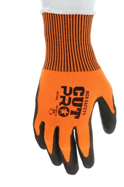 MCR Safety Cut Pro® 13 Gauge Orange Hypermax™ Shell Cut Resistant Work Gloves Polyurethane (PU) Coated Palm and Fingertips