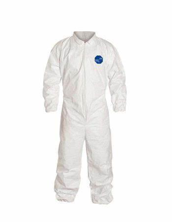 DuPont™ Tyvek® 400 Coverall. Comfort Fit Design. Collar. Stormflap. Elastic Wrists and Ankles. Elastic Waist. Serged Seams. Pin Lock Slider Zipper Pull. White. (25/BOX)- MEDIUM
