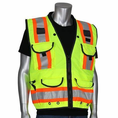 PIP-302-0900-LY/XL-24477A: ANSI Type R Class 2 Two-Tone Fifteen Pocket Tech-Ready Ripstop Surveyors Vest with Mesh Back LOGO-XL