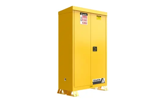 Justrite Outdoor Flammable Storage Cabinet, 45 Gallon, 2 Shelf, Self Close Doors, Yellow