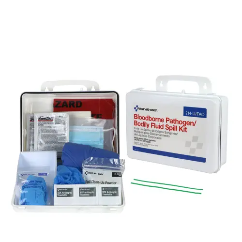 Wall-mount Bloodborne Pathogen (BBP) and Bodily Fluid Spill Kit in Plastic Carry Case, OSHA, 24 Pieces, White