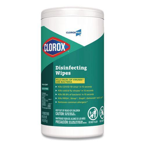 Clorox® Disinfecting Wipes
CloroxPro Disinfecting Wipes, 1-Ply, 7 x 8, Fresh Scent, White, 75/Canister