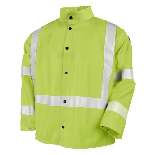 BKST JF1012-LM 9OZ. FLAME RESISTANT COTTON 30"COAT WITH SILVER REFLECTIVE LIME GREEN