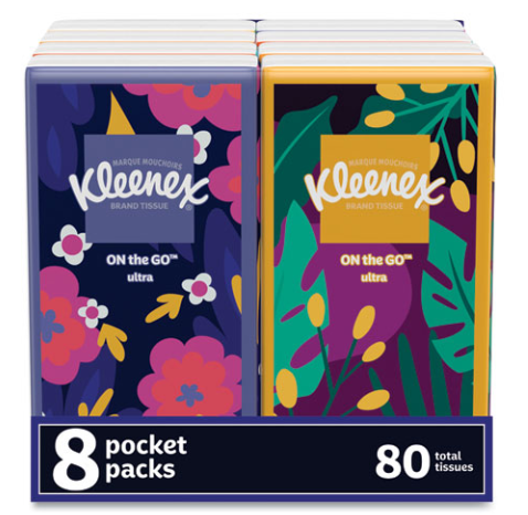 On The Go Packs Facial Tissues, 3-Ply, White, 10 Sheets/Pouch, 8 Pouches/Pack, 12 Packs/Carton