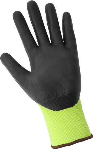 Close-up of the black nitrile-coated palm on Samurai Glove CR18NFT high-visibility cut-resistant gloves