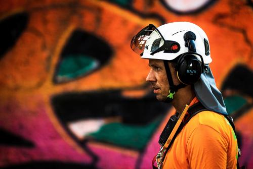 KASK Zenith X2 helmet with visor and earmuff accessories worn in industrial environment