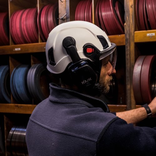 KASK Zenith X2 safety helmet with visor and earmuff attachments in industrial work environment