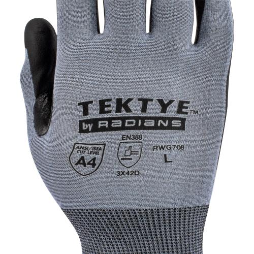 Back of hand view of Radians RWG708 TEKTYE? A4 cut resistant glove showing ANSI and EN388 markings