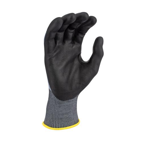 Angled palm view of Radians RWG708 TEKTYE? A4 cut resistant glove showing foam nitrile coating and reinforced thumb crotch