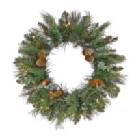 24" Pine Wreath with Lights and Glittery Cones