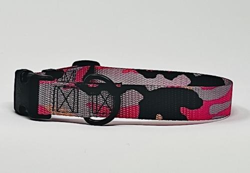 Dog Collar, Pink Camouflage Webbing, Black Thread