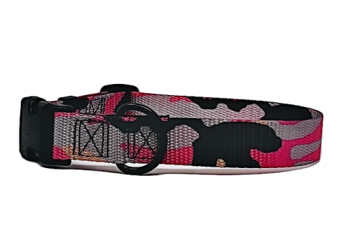 Dog Collar, Pink Camouflage Webbing, Black Thread