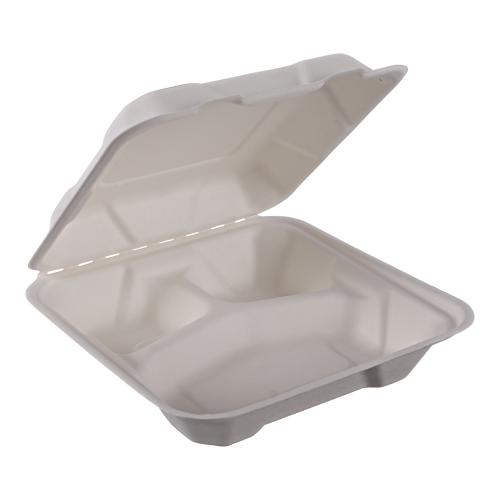 Empress Earth Hinged Container Molded Fiber 8" x 8" x 2.5" Natural White 3 Comp 2 / 100 cs