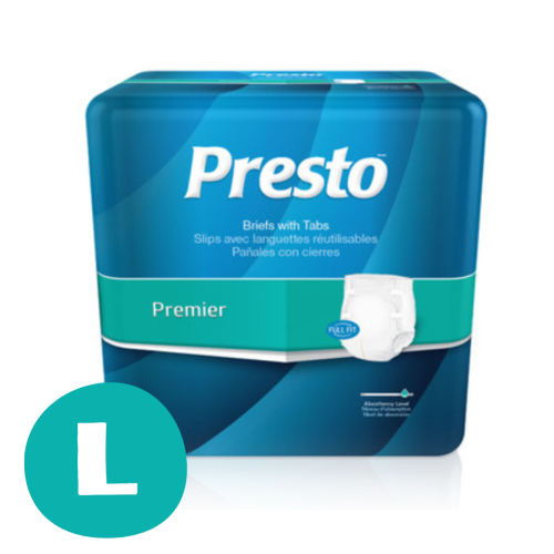 Presto Premier Briefs with Tabs, Moderate Absorbency - Large - 1/cs 72/ea