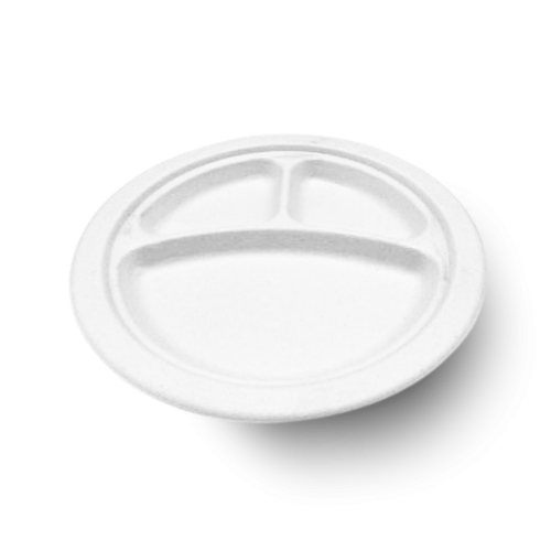 Empress Earth Heavy Weight Plate PFAS Free 9" Natural White Bagasse 3-Comp 4 / 125 cs