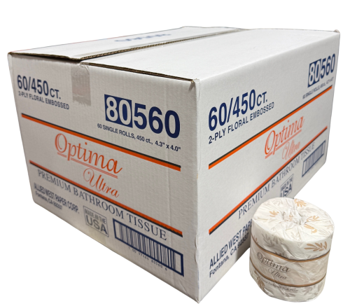 Allied West Optima “Ultra Premium” Embossed Bath Tissue 2-Ply 4.3" x 4.0" 60/450cs