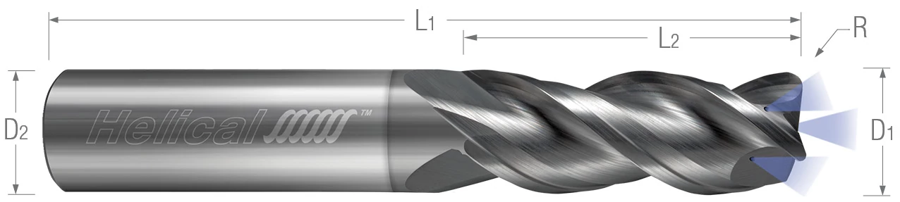 3 Flute - Corner Radius - 40° Helix - Variable Pitch - Coolant Through End Mills for Aluminum