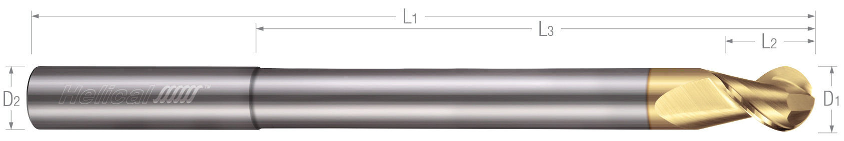 2 Flute, Ball - 45° Helix, Reduced Neck