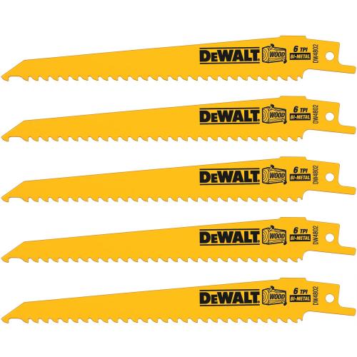 DEWALT 6" 6 Tpi Taper Back Bi-Metal Reciprocating Blade for General Purpose Wood Cutting (5 Pack)