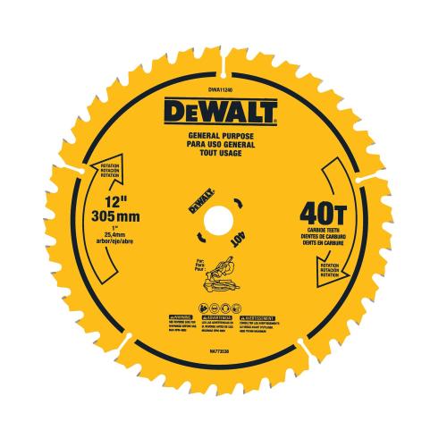 DEWALT 12" 40T General Purpose Saw Blade. High Performance Cutting Tool Designed for Durability, Precision Cutting, and Extended Blade Life