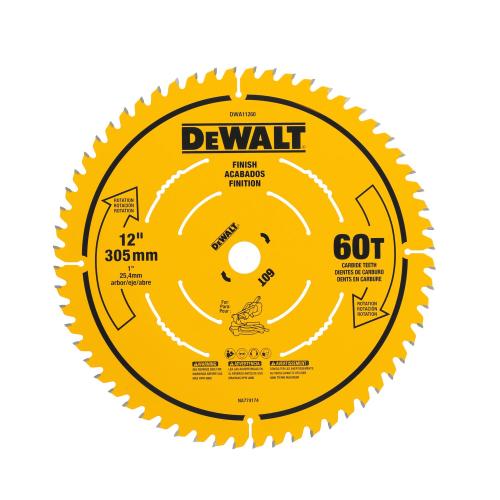 DEWALT 12" 60T Finish Saw Blade. High Performance Cutting Tool Designed for Durability, Precision Cutting, and Extended Blade Life