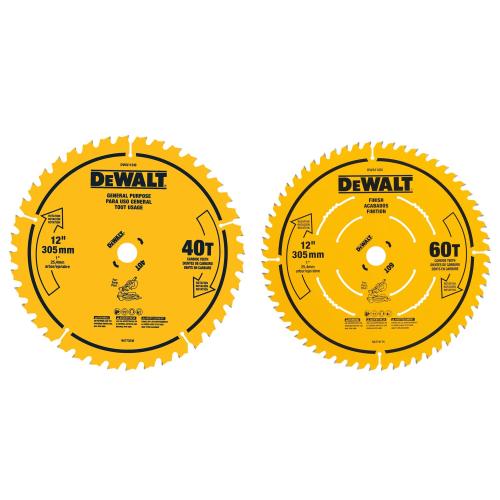 DEWALT 12" 40T and 60T Saw Blade 2 Pack. High Performance Cutting Tool Designed for Durability, Precision Cutting, and Extended Blade Life