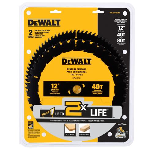 DEWALT 12" 40T and 80T Saw Blade 2 Pack. High Performance Cutting Tool Designed for Durability, Precision Cutting, and Extended Blade Life